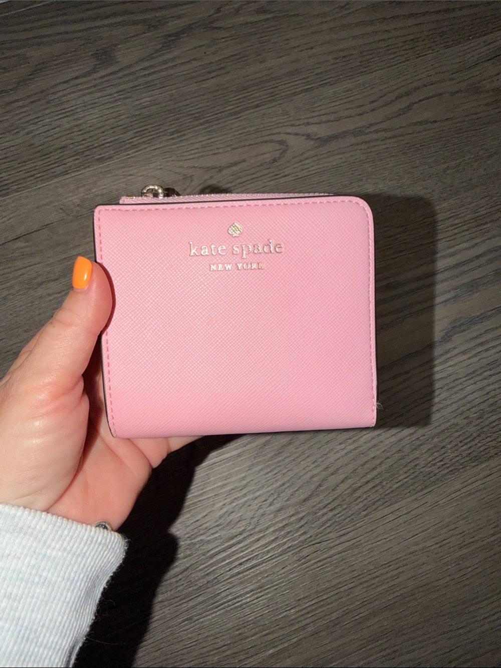 kate spade Pink Compact Zip Wallet with Gold Logo